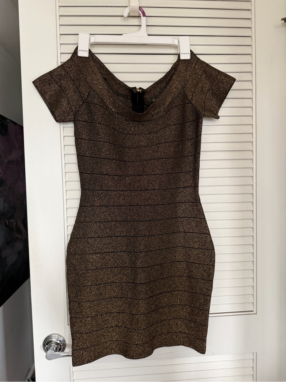Guess Bronze Metallic Off-the-Shoulder Bandage Dress